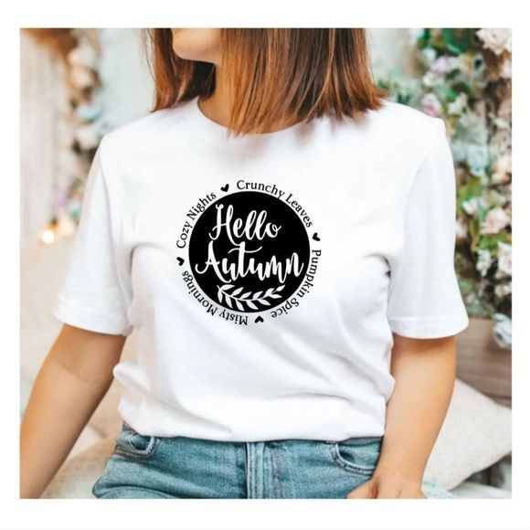 Cute Fall Short Sleeve T-Shirt | Autumn Crewneck Tee Tshirt - Picture 1 of 5